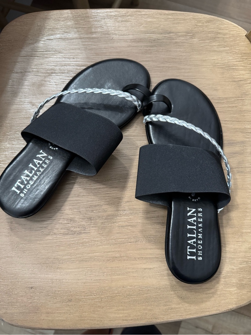 Italian Shoemakers Black Slide Sandals with Silver Braid Accent